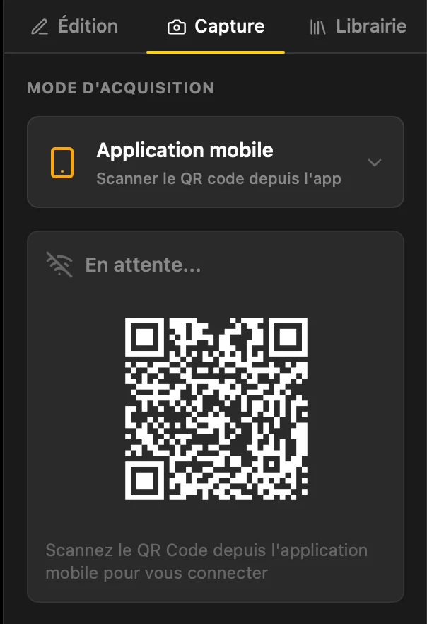 Logiciel U-SHOOT sur ordinateur — mode d'acquisition Application mobile, QR code à scanner pour connecter le téléphone